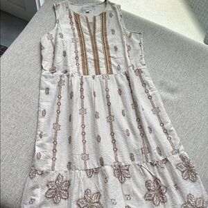 J.Jill Embroidered Cream and Brown Oatmeal Dress NWT Medium Made in India